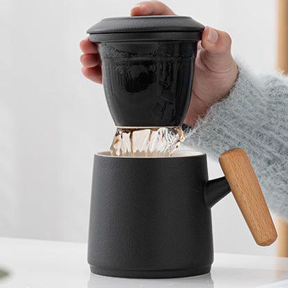 Keramik Teetasse mit Sieb 400ml - Schwarz Teebecher mit Deckel und Henkel