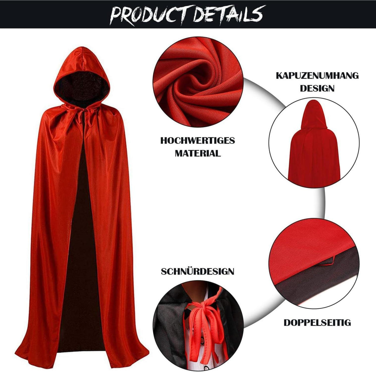 Halloween Vampir Kostüm Kinder Schwarz Rot Umhang Skelett Handschuhe Maske