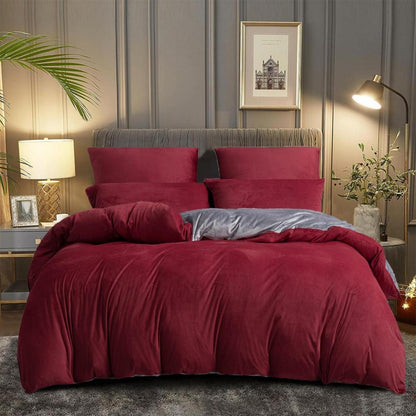 Kuschelige Coral Fleece Bettwäsche Set 135x200cm Rot/Weinrot/Grau