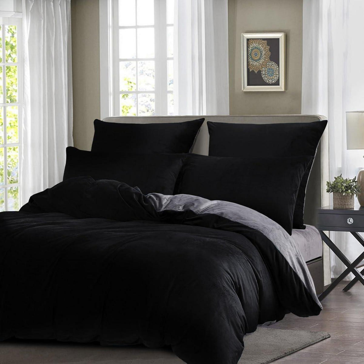 Winter Bettwäsche 220x240 Schwarz Grau Flauschig & Warm 3-teilig
