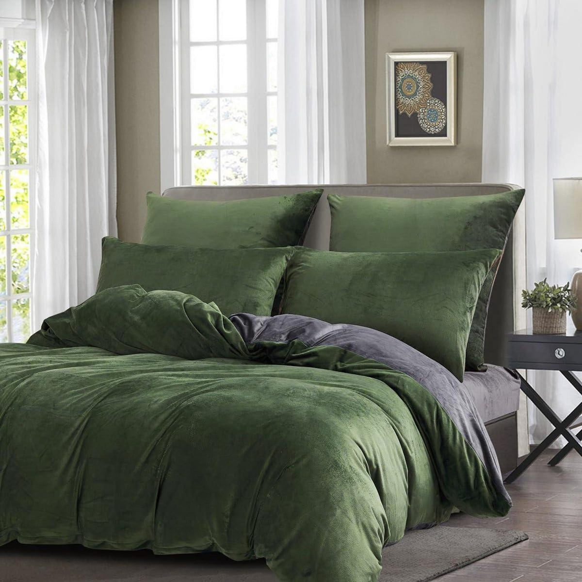 Kuschelige Fleece Bettwäsche 135x200 - Grün Oliv, Grau, Coral