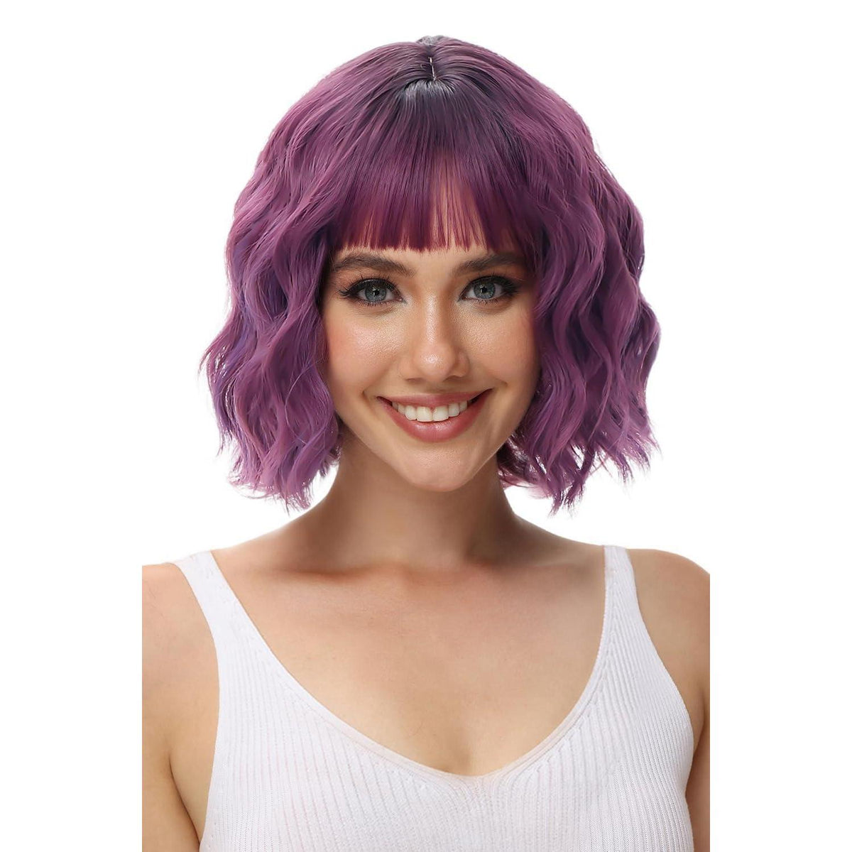 Violette Bob Perücke mit Pony – Lockig & Wellig