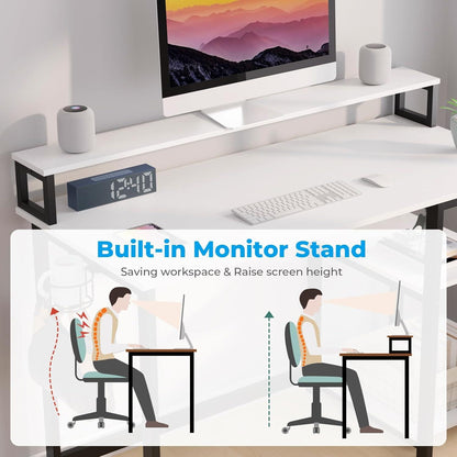 Schreibtisch Weiß mit Regal und Monitorständer, Kleiner Sekretär für Home Office