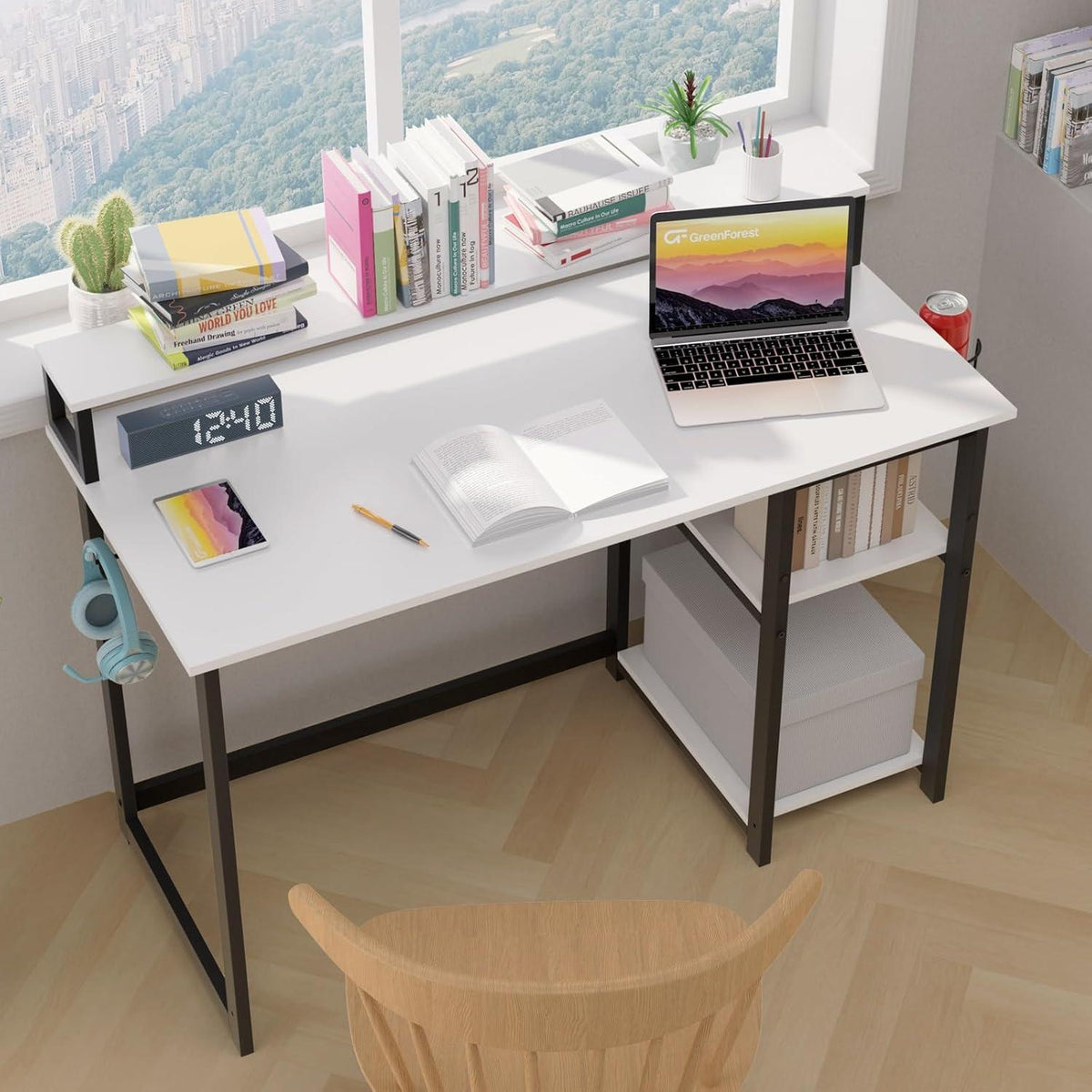 Weißer Schreibtisch 120x55 cm mit Regal und Monitorständer