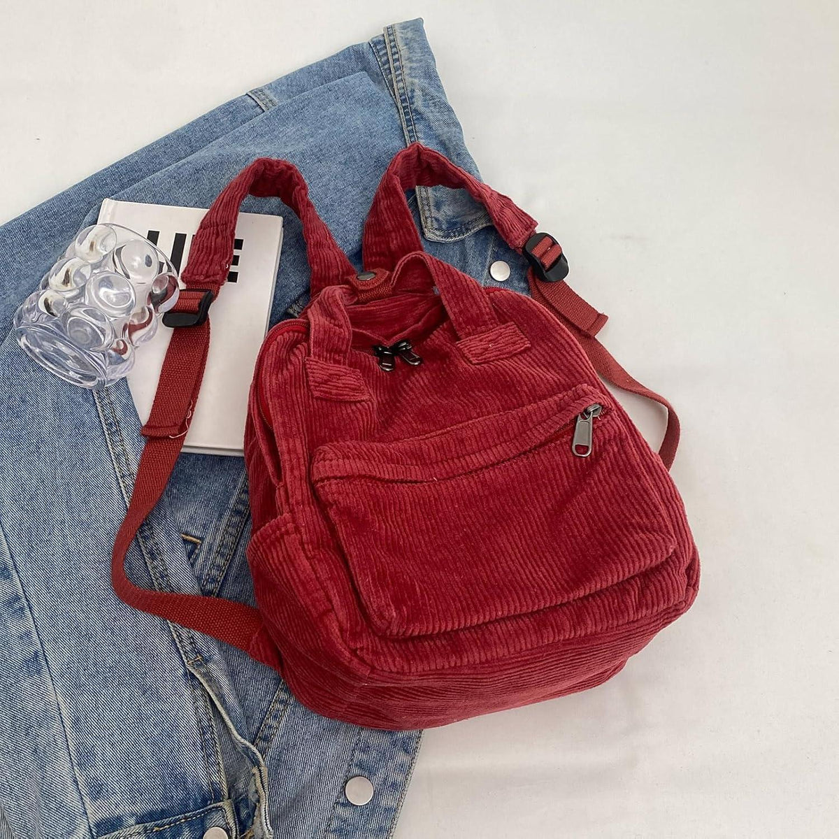 Cord Rucksack Damen Klein, Cityrucksack mit Fächern, Rot