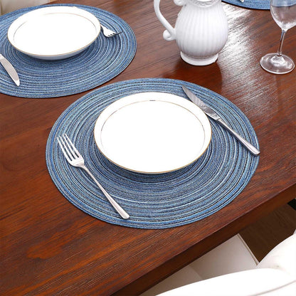 Runde Tischsets 6er Set Blau Geflochten Abwaschbar Hitzebeständig