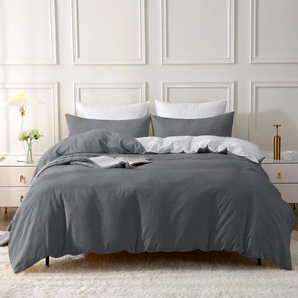 Bettwäsche Set 135x200 Baumwolle Stone Washed Dunkelgrau2