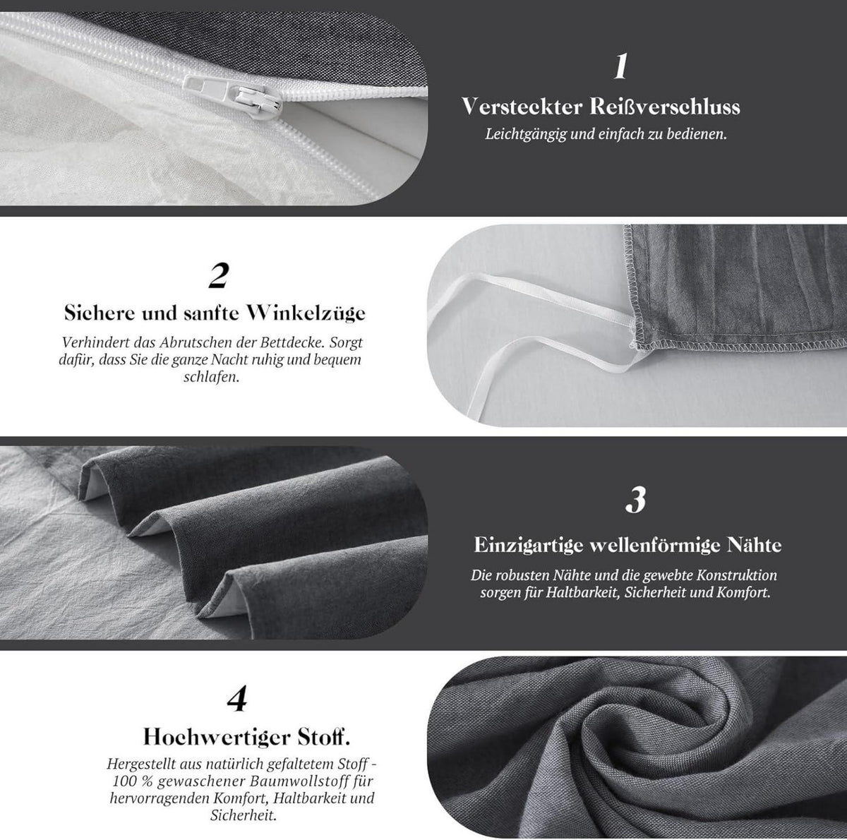 Bettwäsche 135x200 Baumwolle Dunkelgrau2 Stone Washed