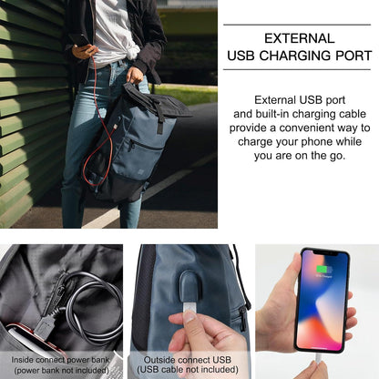 Rolltop Laptop Rucksack mit USB Ladeanschluss 17 Zoll