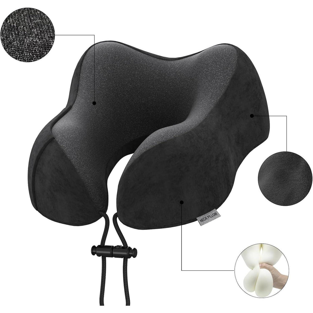 Nackenkissen Reise aus Memory Foam mit samtweichem Bezug (Schwarz)