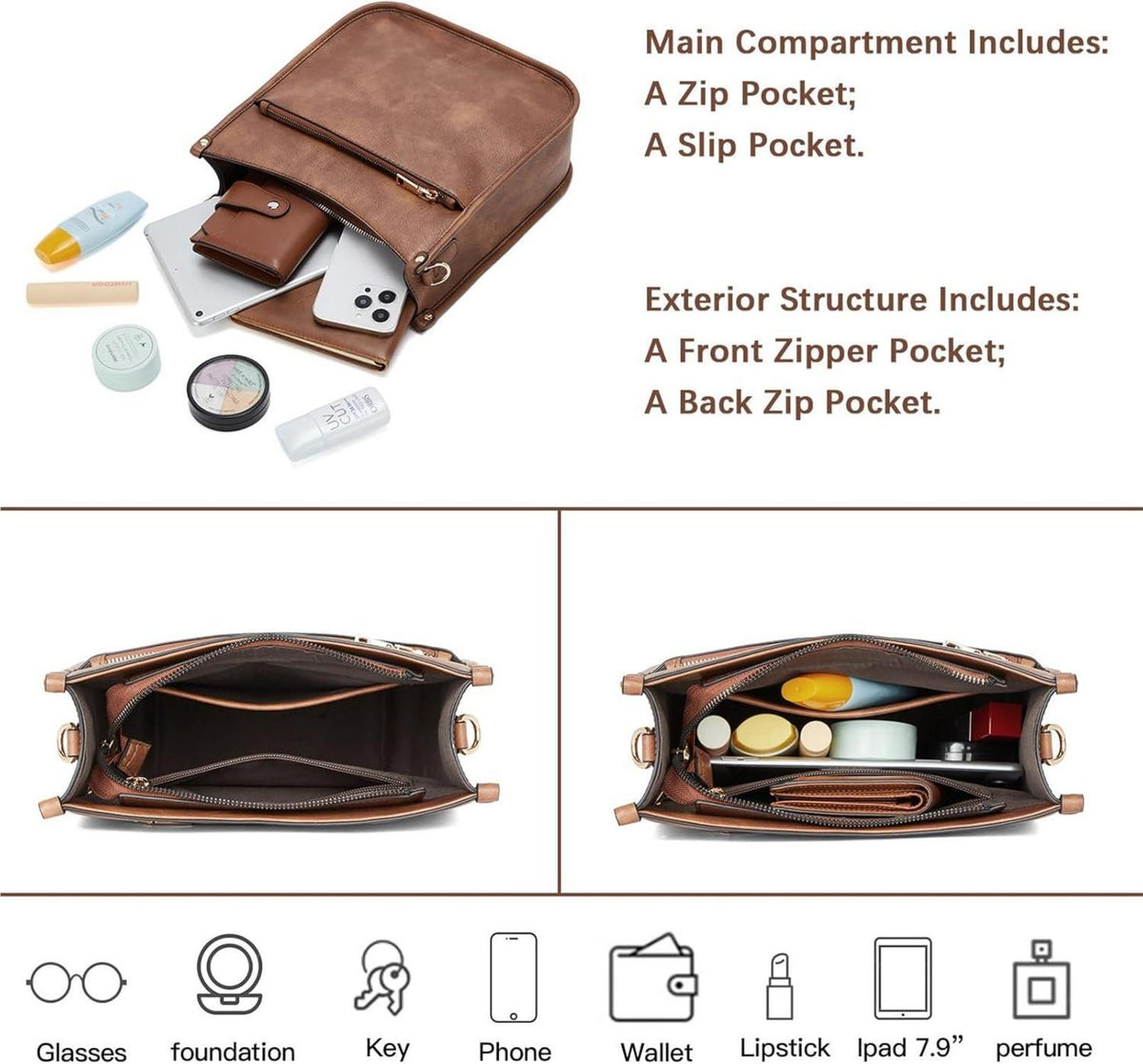Telena Damen PU Leder Umhängetasche Crossbody Bag Braun