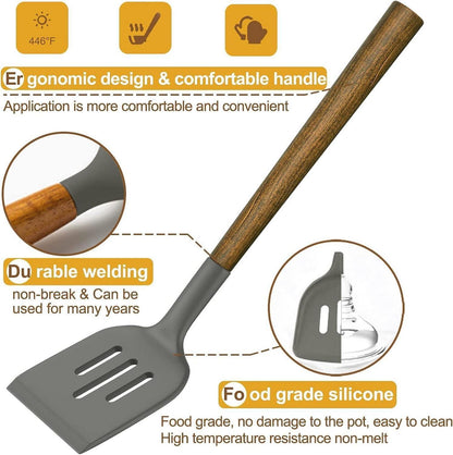 8-teiliges Silikon Küchenhelfer Set mit Holzgriff, Antihaft