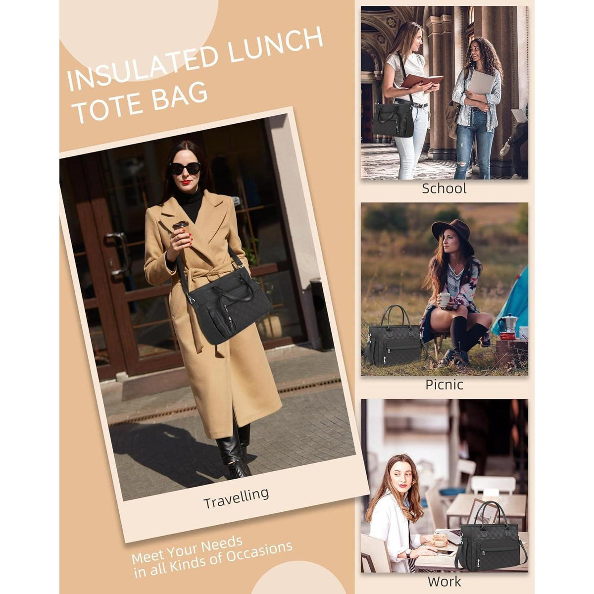 Isolierte Lunchtasche für Damen mit Schulterriemen & Flaschenhalter