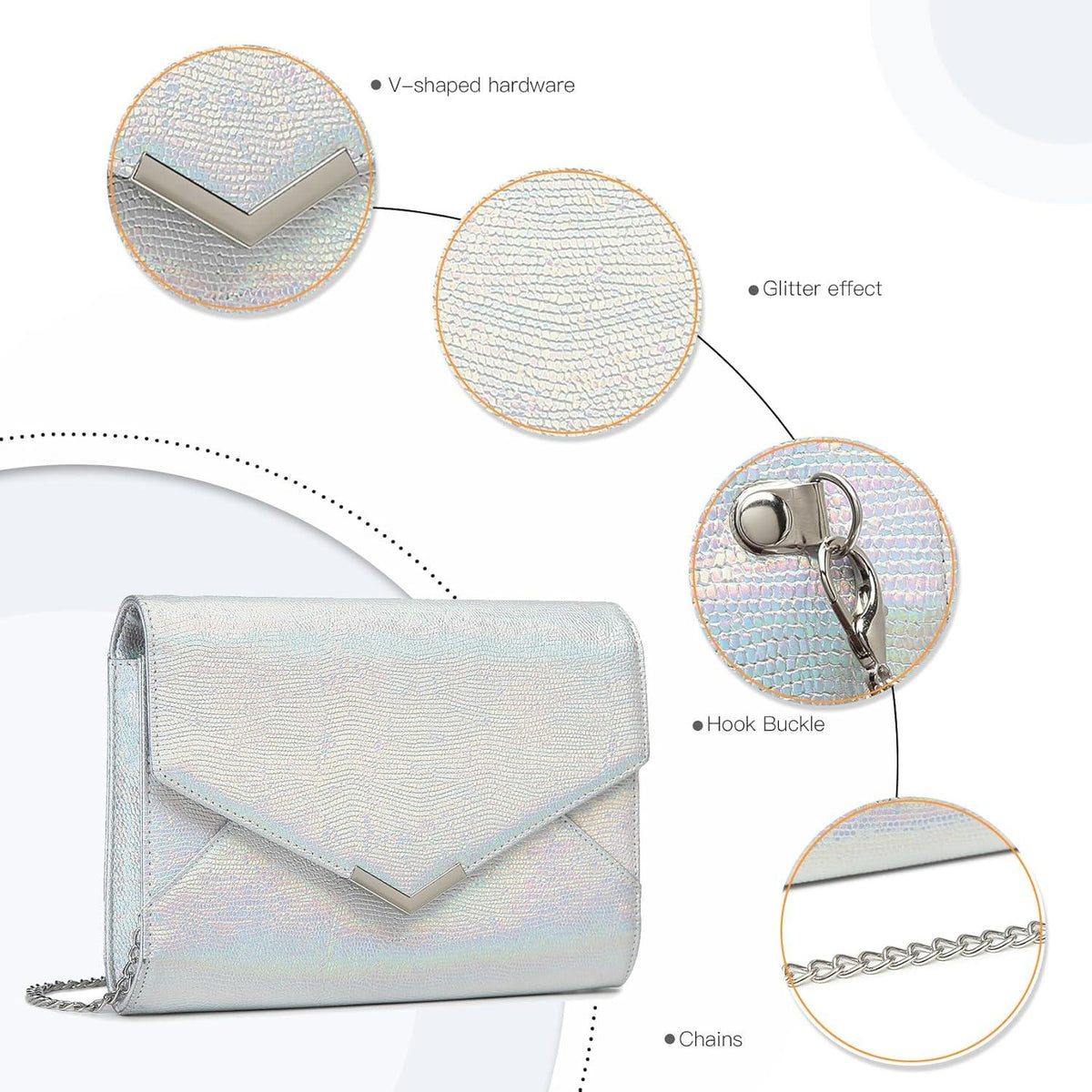 Miss Lulu Damen Clutch Abendtasche mit abnehmbarer Kette Silber Glitzer für Hochzeit Party