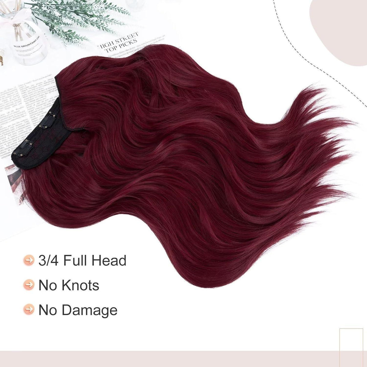 Gewellte Haarverlängerung Burgunderrot, 45 cm Clip-In