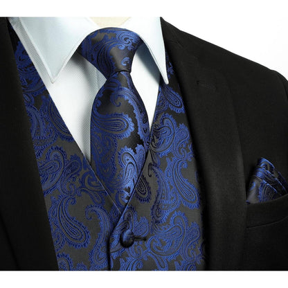 Herren Weste Krawatte Einstecktuch Set Jacquard Marineblau