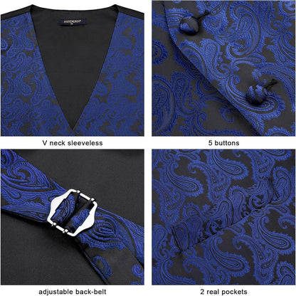 Herren Weste Krawatte Einstecktuch Set Jacquard Marineblau