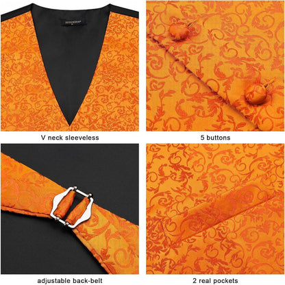 Herren Weste Krawatte Einstecktuch Set Jacquard Orange XL