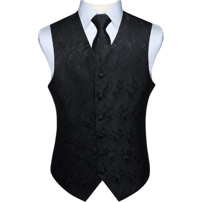 Herren Weste Krawatte Einstecktuch Set Jacquard Blumenmuster Schwarz XL