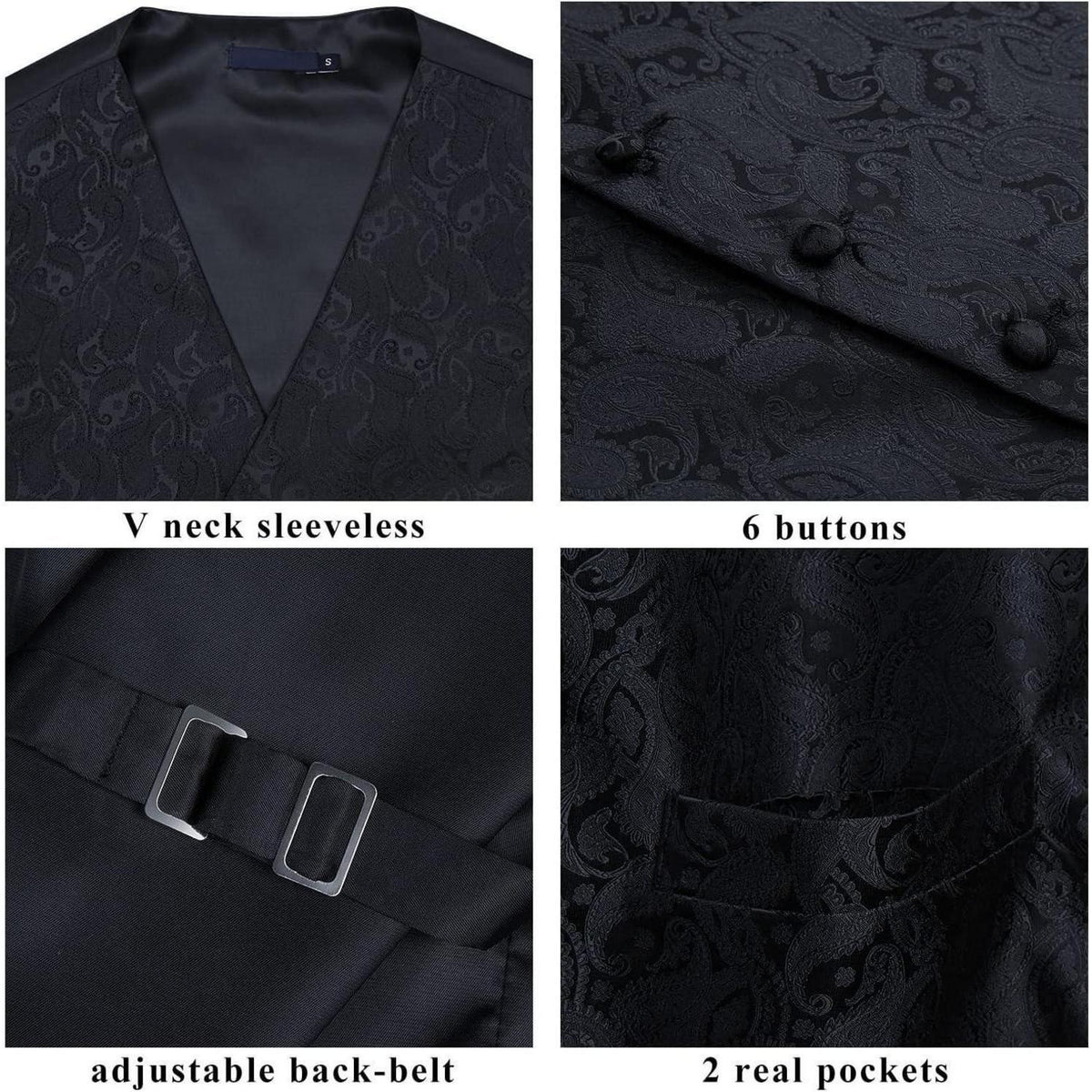 Herren Weste Krawatte Einstecktuch Set Jacquard Blumenmuster Schwarz XL