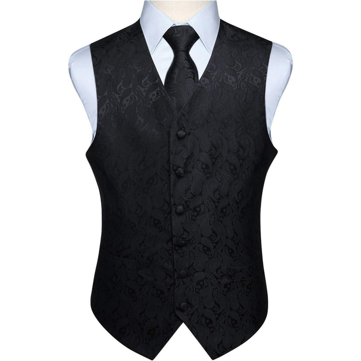Herren Weste Krawatte Einstecktuch Set Jacquard Blumenmuster Schwarz XL