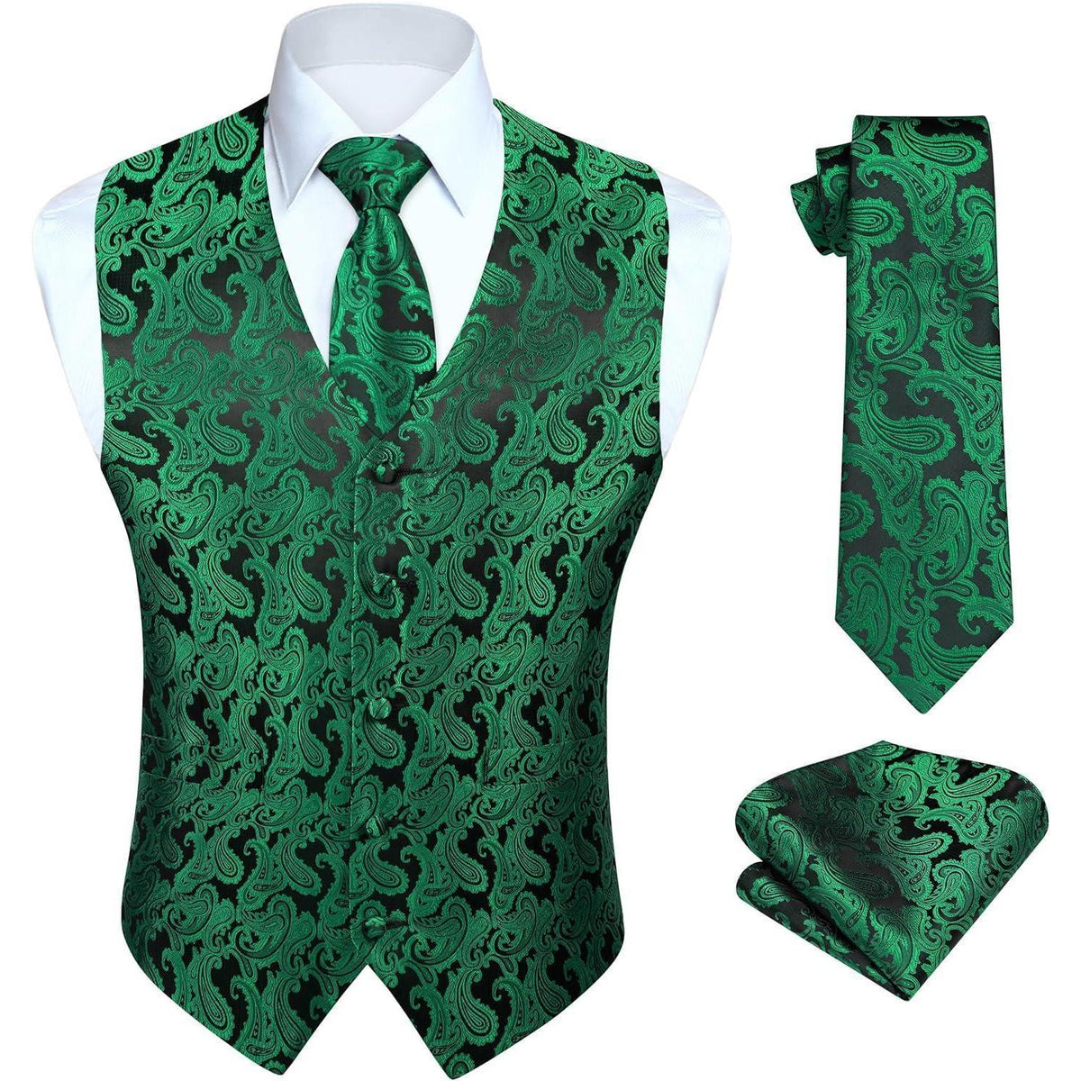Herren Weste Krawatte Einstecktuch Set Jacquard L Grün