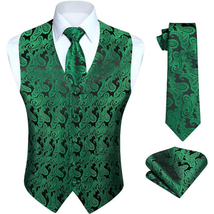 Herren Weste Krawatte Einstecktuch Set Jacquard L Grün