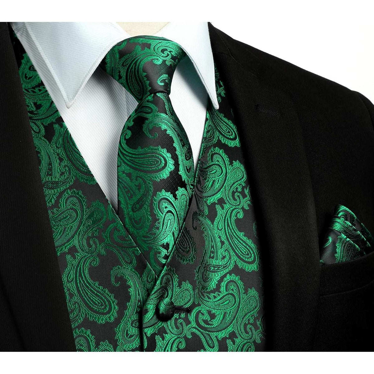 Herren Weste Krawatte Einstecktuch Set Jacquard L Grün