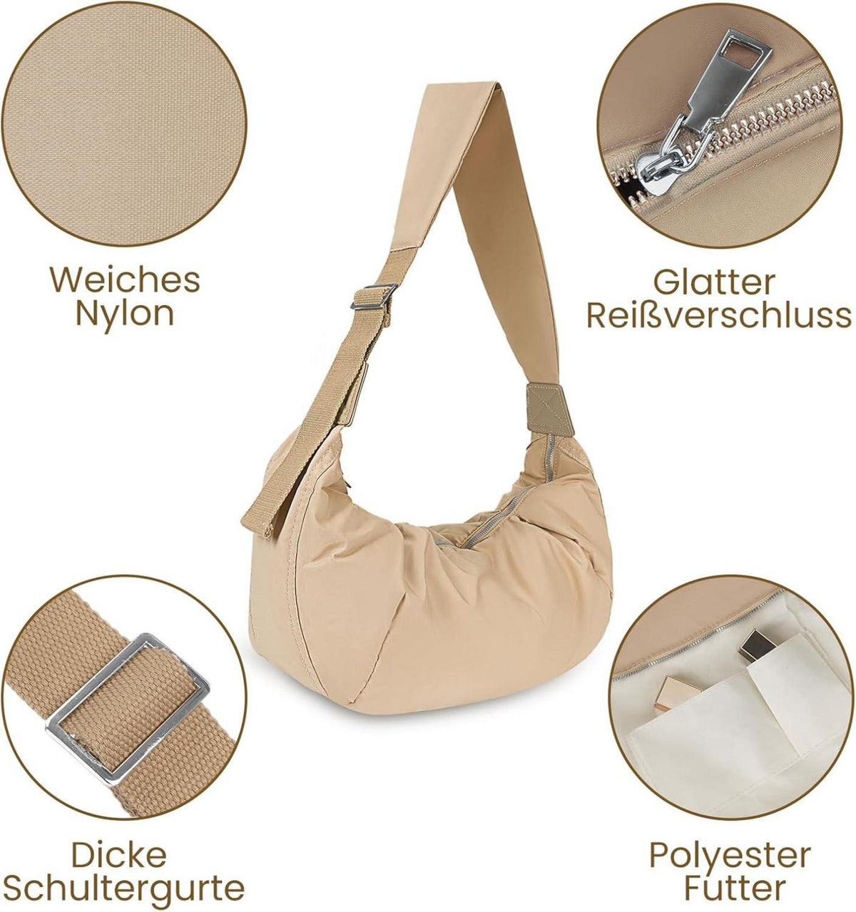 Damen Umhängetasche Große Kapazität Nylon Handtasche Crossbody Hellbraun