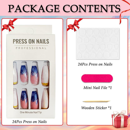 24er Set Französische Press On Nägel in Blau Glitzer - Kurz - Acryl - für Frauen