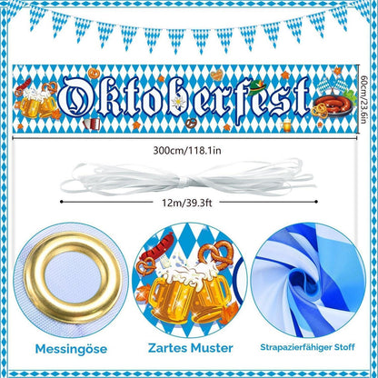 Oktoberfest Banner Deko 300cm – Bayerische Party Girlande Blau-Weiß