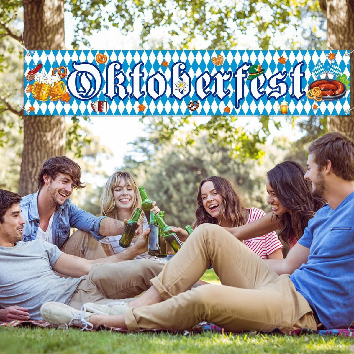 Oktoberfest Banner Deko 300cm – Bayerische Party Girlande Blau-Weiß