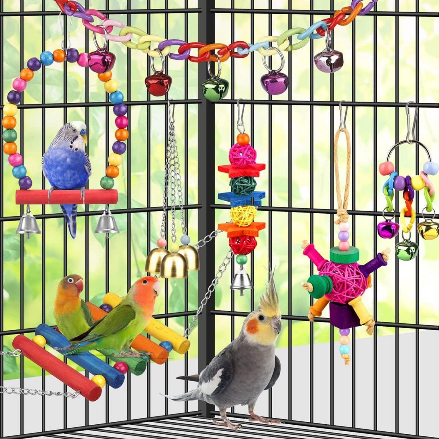 Vogelspielzeug für Sittiche, bunt, Leiter, Hängematte, Kauspielzeug, Glocke