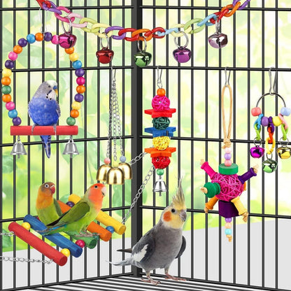 Vogelspielzeug für Sittiche, bunt, Leiter, Hängematte, Kauspielzeug, Glocke