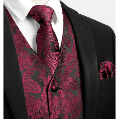 Herren Weste Krawatte Einstecktuch Set Bordeaux Rot Paisley Jacquard