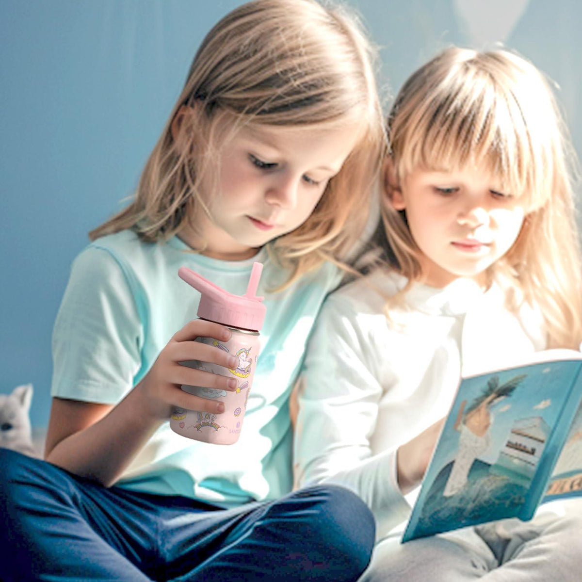 SANTECO Trinkflasche Kinder Edelstahl 350ml Strohhalm Auslaufsicher für Kindergarten Schule