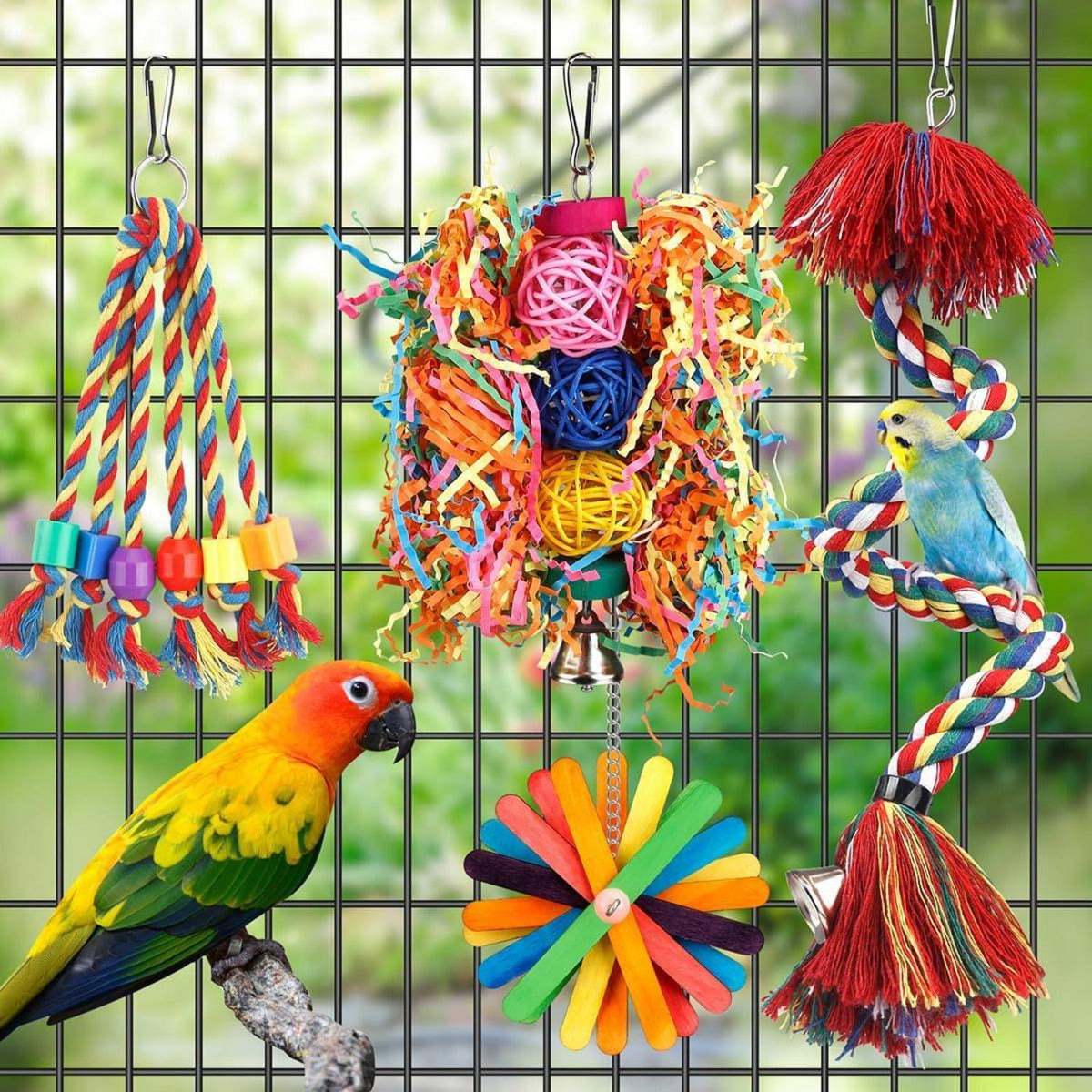 Vogelspielzeug inkl. Seilsitzstange, Glocke & Futtersuchspielzeug