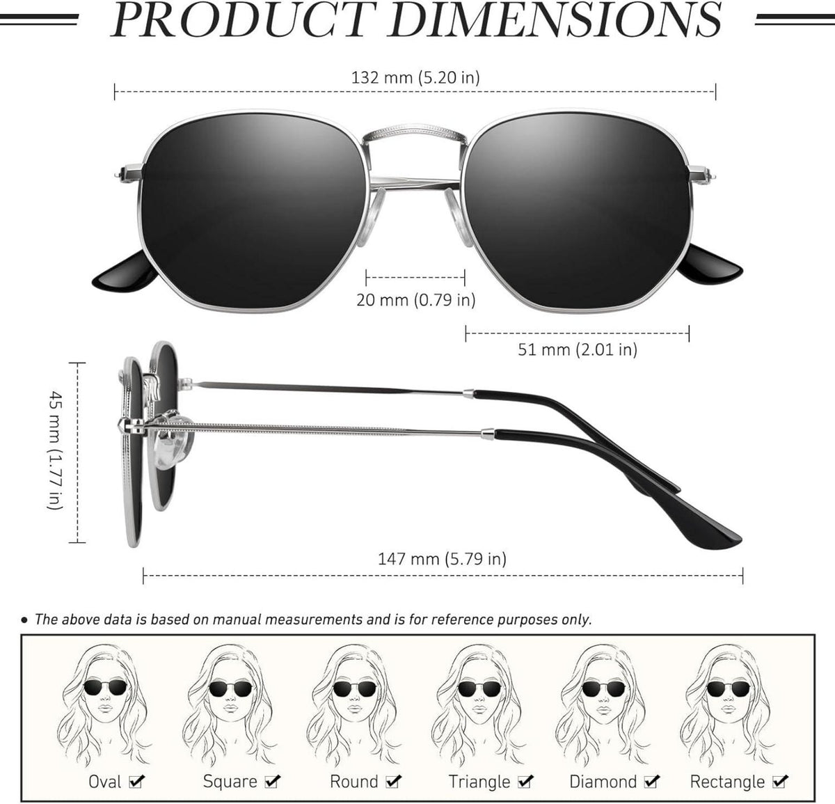 Sunier Polarisierte Sechseck Sonnenbrille Damen Herren UV400 Metallrahmen