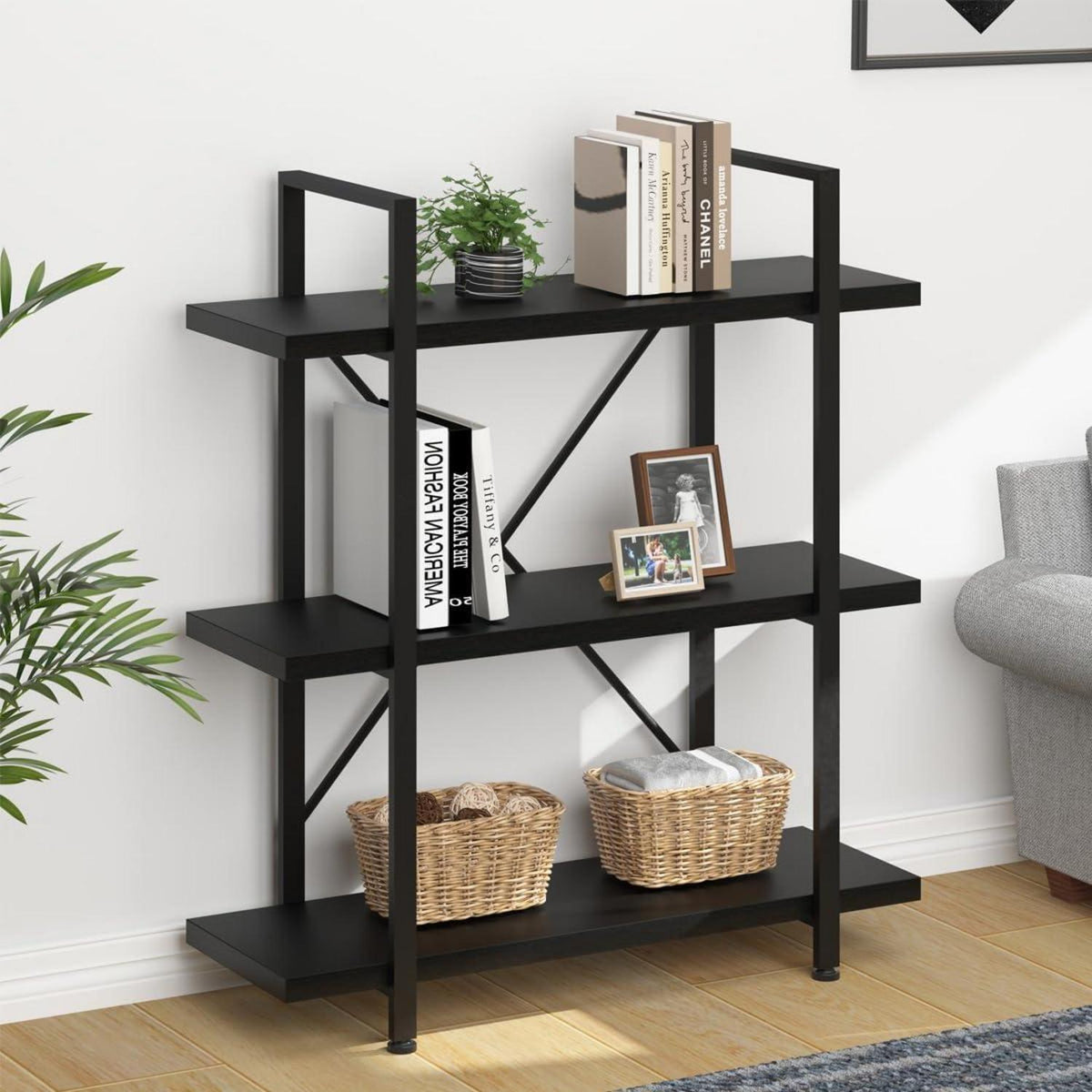Schwarzes Bücherregal 3-Ebenen, Industrieller Stil