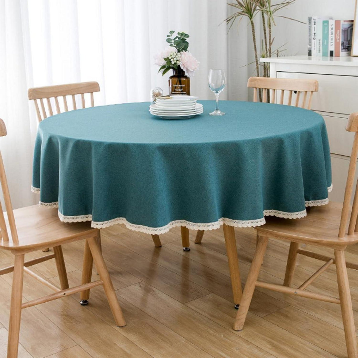 Runde Baumwollleinen Tischdecke Pfauenblau 280 cm