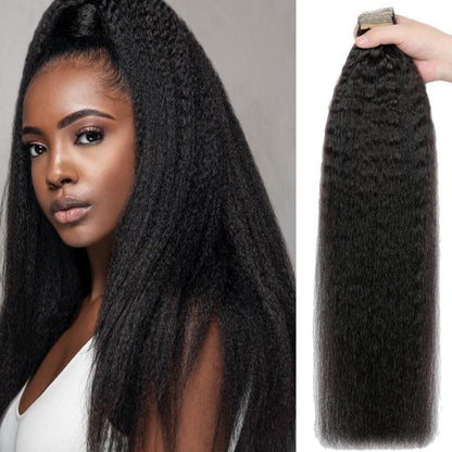 Echthaar Tape Extensions Schwarz Kinky Straight 26 Zoll
