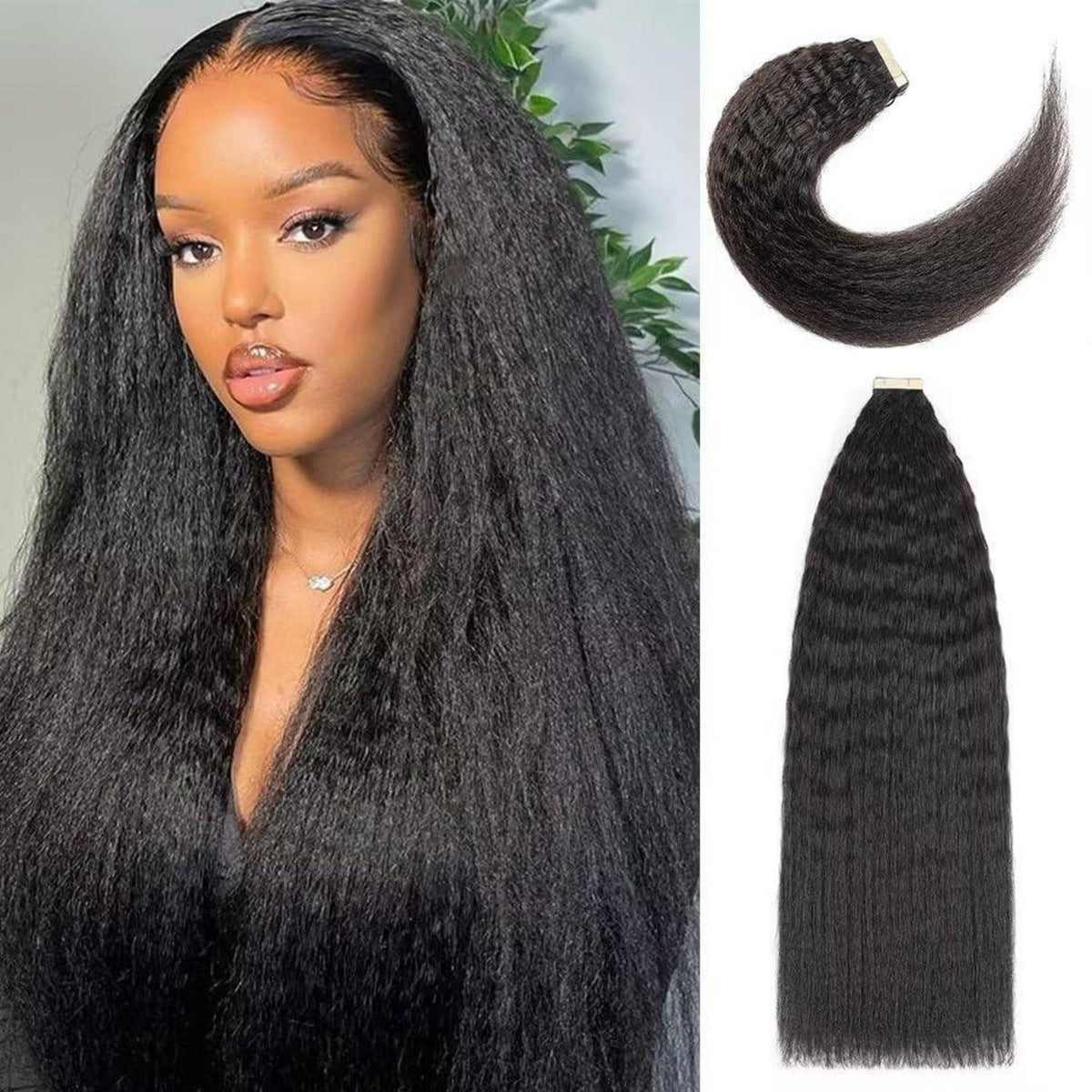 Echthaar Tape Extensions Schwarz Kinky Straight 22 Zoll