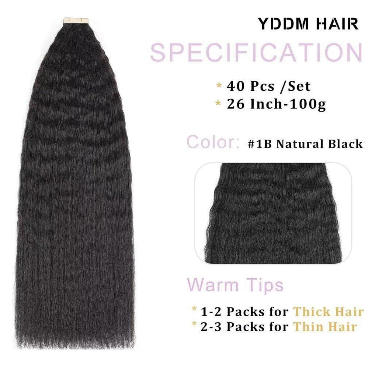 Echthaar Tape Extensions Schwarz Kinky Straight 26 Zoll 100g