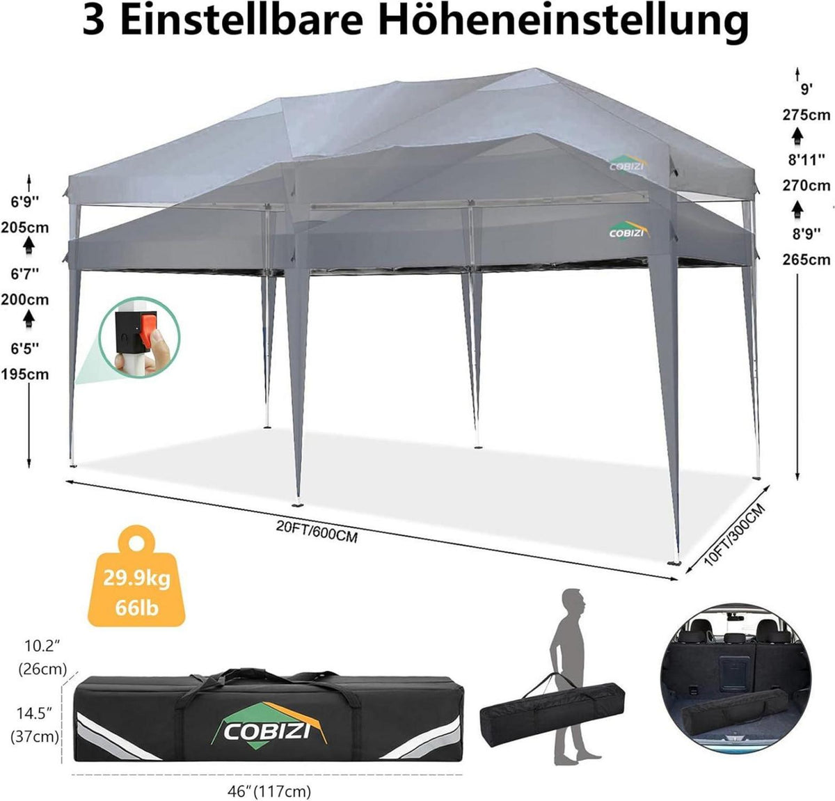 COBIZI Faltpavillon 3x6 Wasserdicht Winterfest Pop Up Pavillon Grau