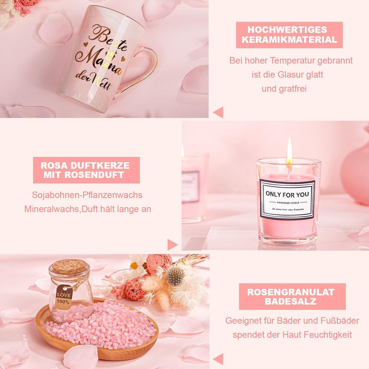 Geschenkset für Mama: Rosa Tasse, Duftkerze, Badesalz