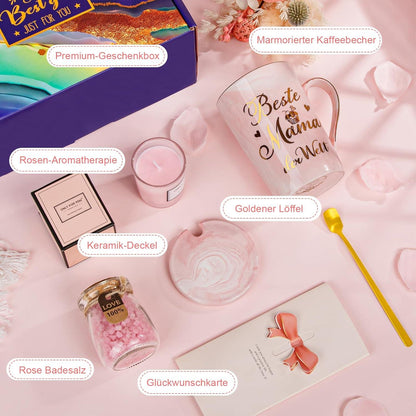 ALBISS Mama Geschenk Set 400ml Tasse Badesalz Duftkerze Spa-Set in Rosa - Geburtstagsgeschenk Mutter