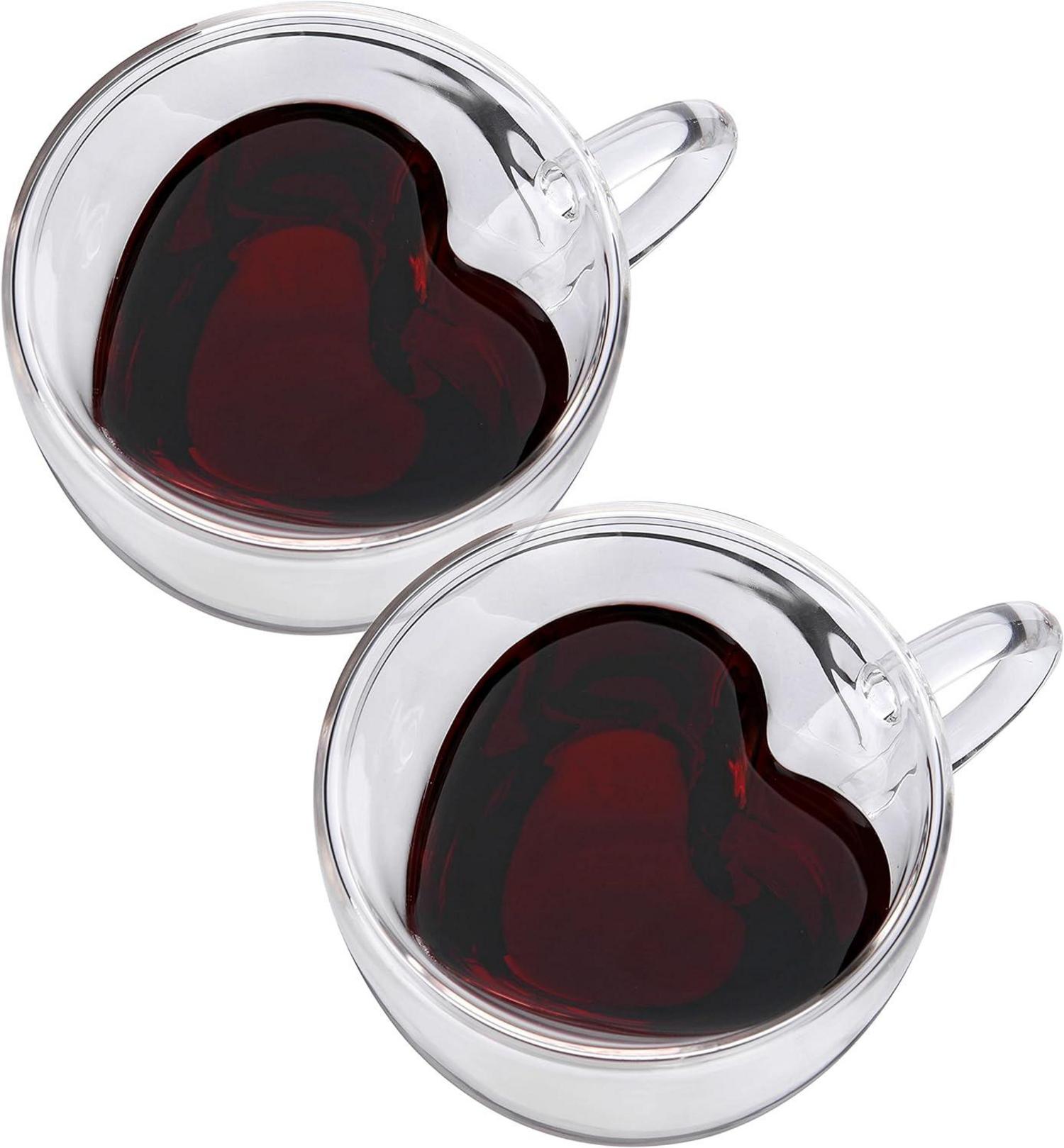 CNGLASS doppelwandige herzförmige Glas-Kaffeebecher 2er Set 250ml