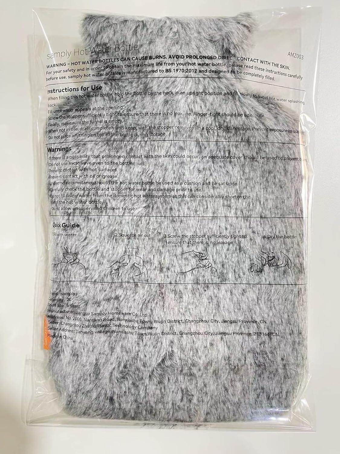 samply 2L Wärmflasche mit weichem Bezug Grau - Ideal für kalte Nächte
