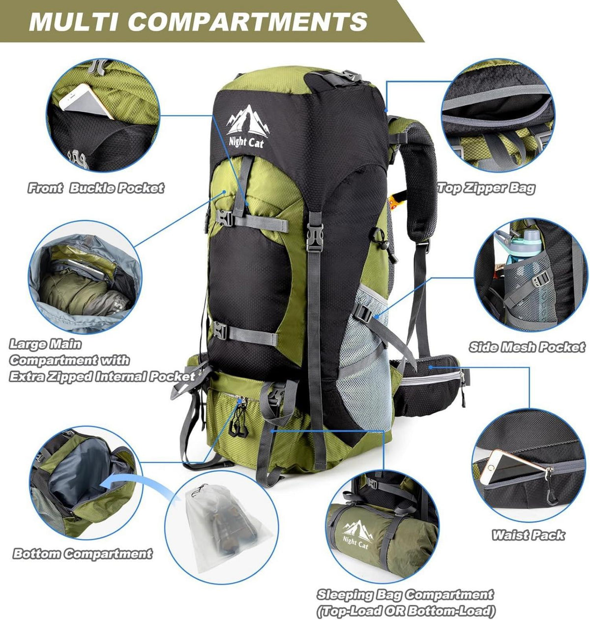Night Cat Trekkingrucksack 90L Damen Herren Camping Wandern Klettern