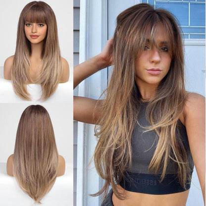 Lange Ombre Braun Perücke mit Pony – Hitzebeständig & Vielseitig